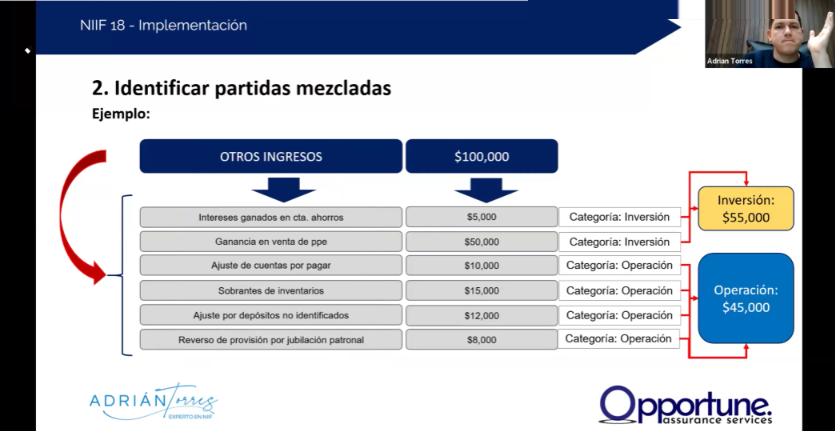 Ejemplo de otros ingresos repartidos entre las categorías de inversión y operación